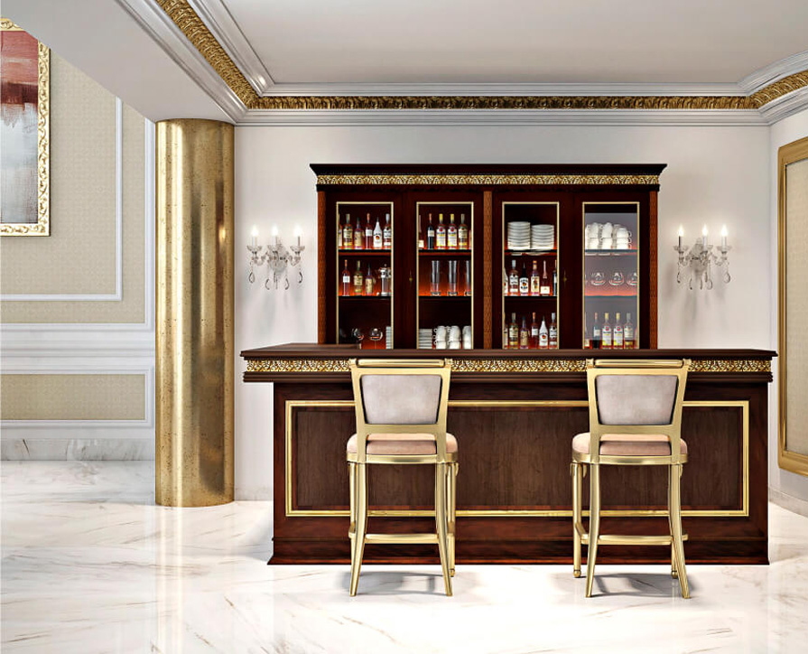 Luxury traditional home bar with gold leaf, oak and olive wood