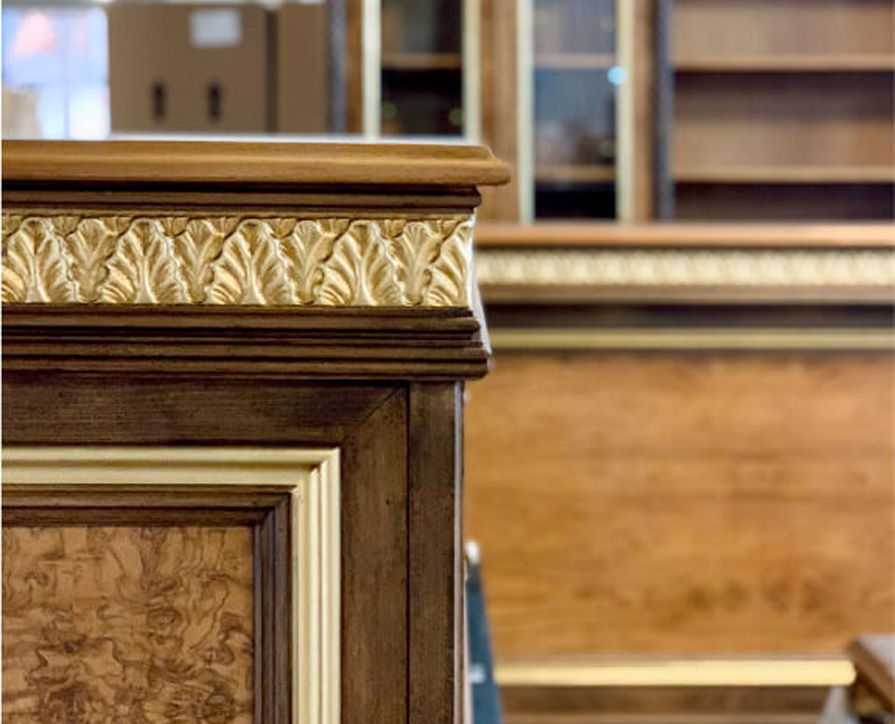 Luxury traditional home bar with gold leaf, oak and olive wood